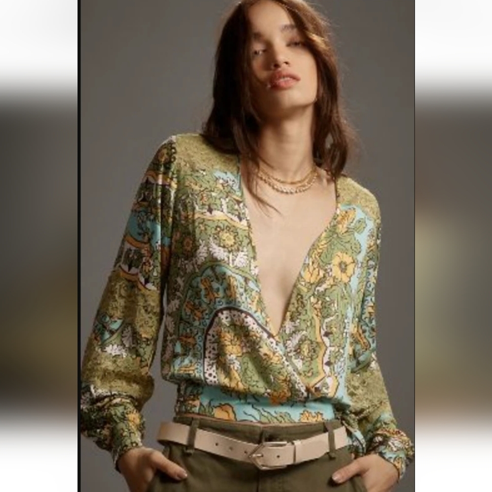Anthropologie TINY Long-Sleeve Printed V-Neck Faux Wrap Top Lace Shirt BOHO